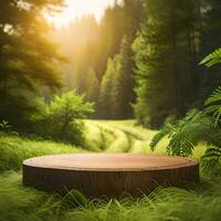 An Empty Rustic Wood Product Display Podium In The Middle Of A Nature Premade AI Generative Photo Mockup Background