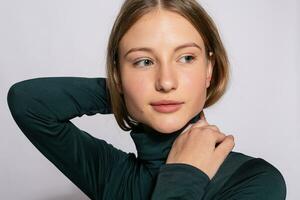 Photo of positive young nice woman in yellow knee-high