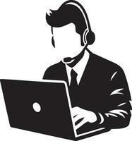 call center operator with headset black color silhouette vector