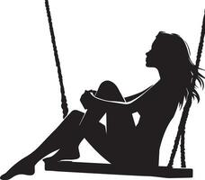 young girl sitting on the swing vector silhouette illustration black color white background 12