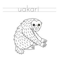 Trace the letters and color cartoon uakari. Handwriting practice for kids. vector