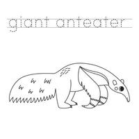 Trace the letters and color cartoon giant anteater. Handwriting practice for kids. vector