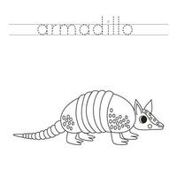 rastro el letras y color dibujos animados armadillo. escritura práctica para niños. vector