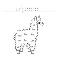 Trace the letters and color cartoon alpaca. Handwriting practice for kids. vector