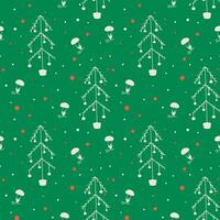 Seamless pattern for Christmas with Christmas trees and mushrooms. Pattern with a green background, white Christmas trees and red berries. Doodle style vector