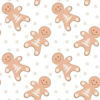 Abstract seamless pattern with a cute gingerbread man character on a white background, with pink decor. Universal template and stickers for postcards, banners, decoration vector