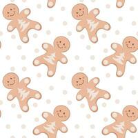 Abstract seamless pattern with a cute gingerbread man character on a white background, with pink decor. Universal template and stickers for postcards, banners, decoration vector