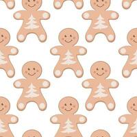Seamless pattern with a cute gingerbread man character on a white background, with decorative winter elements. Universal template and sticker for postcards, banners, decoration vector