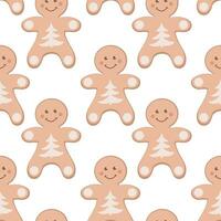 Seamless pattern with a cute gingerbread man character on a white background, with decorative winter elements. Universal template and sticker for postcards, banners, decoration vector