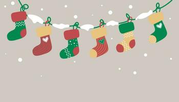 Garland with hanging Christmas socks on a rope. Universal Banner template and postcards for New Year and Christmas with an empty space for text at the bottom vector