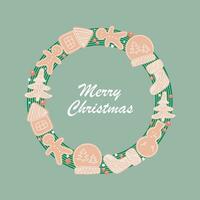 Wreath with ginger cookies and an inscription in the center of Merry Christmas on a green pastel background. A greeting card for the New Year, a banner for a website or social media vector