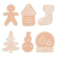 Set of gingerbread cookies for New Year and Christmas from a gingerbread man, house, snowman, glass ball, Christmas tree and boot with glaze. In the style of minimalism and cartoon vector