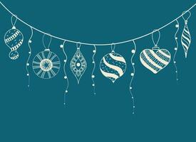 Postcard with a garland for Christmas or New Year greetings. Garland with Christmas decorations on blue background. vector