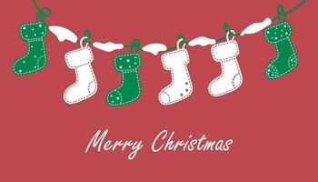 Garland with hanging Christmas socks on a rope with snow. Universal Banner template and postcards for New Year and Christmas with an empty space for text at the bottom. Merry Christmas vector