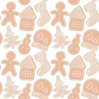 Abstract seamless pattern with gingerbread cookies for New Year and Christmas from gingerbread man, house, snowman, glass ball, Christmas tree and boot vector