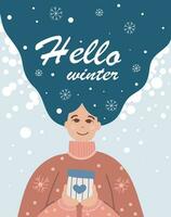 Christmas and New Year greeting card with people in Cartoon style. Minimalistic background for greetings, banners, covers. Greeting card design template. Hello winter vector