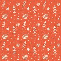 Seamless pattern for Christmas on red background. Christmas tree, heart, star. Romantic pattern for happy New Year. Doodle style vector