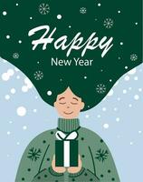 Christmas and New Year greeting card with a girl. Minimalistic background for greetings, banners, covers. Greeting card design template. Happy New Year vector