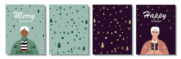 Set of postcards for Christmas and New Year 2 sides. Minimalistic background for greetings, banners, covers. Greeting card design template for printing vector