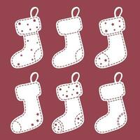 Set of socks for decorating the house, fireplace in the style of Papercut. Christmas socks are white on a red background. Universal sticker template for the decor of postcards, banners, backgrounds vector