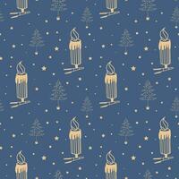 Seamless pattern for Christmas or New Year with a Christmas tree and a candle. Glass candle toy on a clothespin. Pattern with blue background and gold elements vector