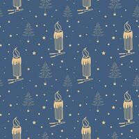 Seamless pattern for Christmas or New Year with a Christmas tree and a candle. Glass candle toy on a clothespin. Pattern with blue background and gold elements vector