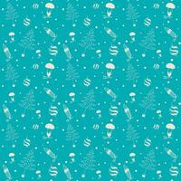 Seamless pattern for Christmas with Christmas trees and glass toys. Pattern with a blue background and white elements. Mushroom, Christmas tree toy, candle. vector