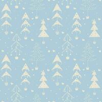 Seamless pattern for Christmas with Christmas trees, hearts and snow. Pattern with a blue background and white elements. Doodle-style wrapping paper vector