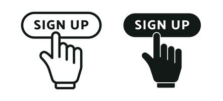 firmar arriba botón con mano signo. Registrarse ahora vector icono. nuevo usuario registro llamada a acción botón para aplicaciones y sitio web ui diseños
