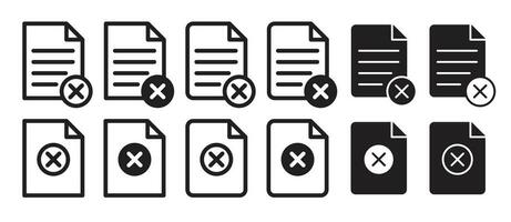 Cancel file icon set. Wrong document or form with cross sign. Contract page with close button. vector