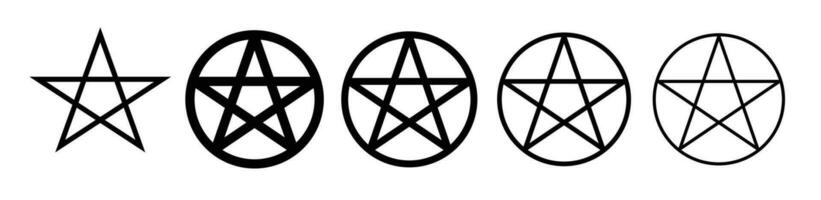 Pentagram symbol. pentacle star circle icon set in black filled and outlined style. vector