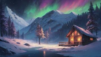 Snow-covered huts, pine trees, mountains, northern lights, aurora in winter.AI Generative. photo