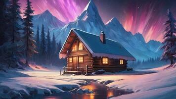 Snow-covered huts, pine trees, mountains, northern lights, aurora in winter.AI Generative. photo