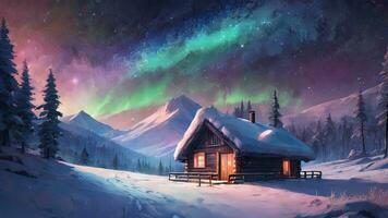 Snow-covered huts, pine trees, mountains, northern lights, aurora in winter.AI Generative. photo