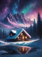 Snow-covered huts, pine trees, mountains, northern lights, aurora in winter.AI Generative. photo