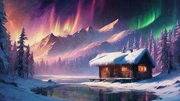 Snow-covered huts, pine trees, mountains, northern lights, aurora in winter.AI Generative. photo