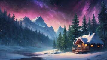 Snow-covered huts, pine trees, mountains, northern lights, aurora in winter.AI Generative. photo