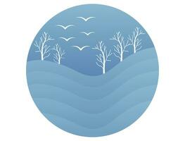 invierno paisaje con arboles y gaviotas aislado icono vector ilustración diseño, invierno paisaje con arboles y aves vector ilustración, invierno paisaje con arboles y Seagul