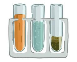 Test tube rack with various samples. Chemistry or biology laboratory, education, experiment clip art. Cartoon style vector illustration isolated on white.