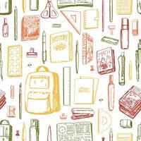 Ornament of school supplies. Backpack, notebooks, textbooks, stationery items, beginner artist tools in retro sketch style. Back to school vector seamless pattern.