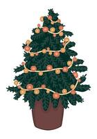 Doodle of Christmas fir tree. Cartoon clipart of spruce decorated garland. Vector illustration isolated on white background.