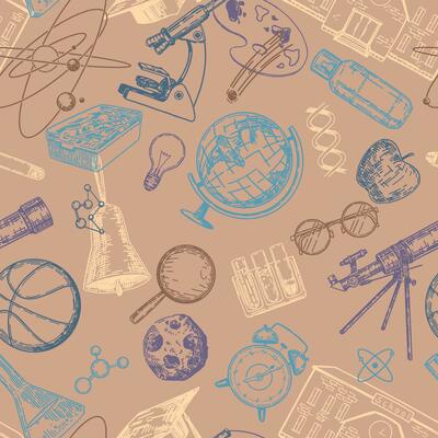 School attributes seamless pattern. Ornament of textbooks, laboratory equipment, stationery items. Hand drawn vector illustrations. Back to school design.