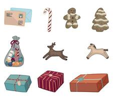 Set of Christmas holiday doodles. Cartoon clip arts of Xmas gift boxes, presents, toys, treats. Contemporary vector illustrations collection isolated on white.