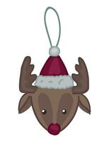 Doodle of glass deer head on ribbon. Cartoon clipart of cute Christmas tree decoration. Contemporary vector illustration isolated on white background.