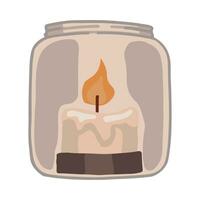 Candle in glass jar with burning flame light. Doodle of cozy winter time aesthetic. Cartoon vector illustration. Clip art isolated on white.