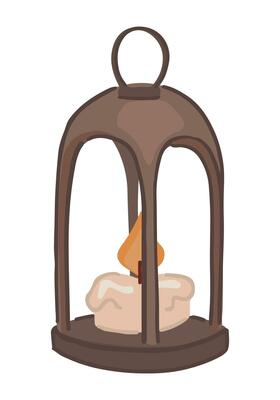 Candlestick lantern, with a burning candle. Doodle of cozy hanging old lamp. Cartoon vector illustration. Clip art isolated on white.