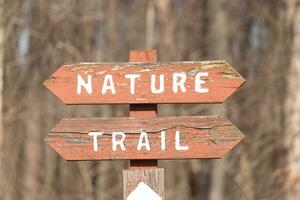 This sign in the woods marks the area of the trail. Helping to keep hikers from getting them lost and leading the way. The brown paint looks worn and chipping. The white letters standing out. photo