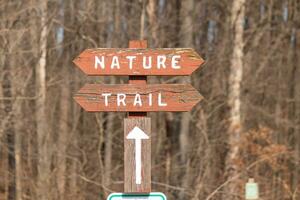 This sign in the woods marks the area of the trail. Helping to keep hikers from getting them lost and leading the way. The brown paint looks worn and chipping. The white letters standing out. photo