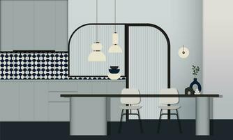 Abstract minimal retro modern kitchen interior concept in pastel shades of blue and dark wood colour. For concept, web, social media, banner, proposal vector