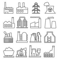 Industrial factories vector icons set. Factory icon illustration collection. Industry power, chemical manufacturing building warehouse nuclear energy plant.